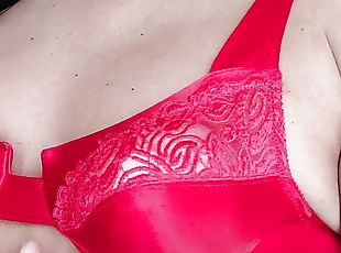 Red sating and lace bra