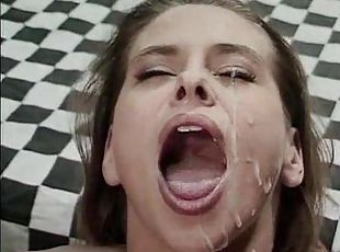 Cocks cover her face and tits with jizz