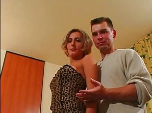 Lady in leopard print takes him up the ass in a hotel room