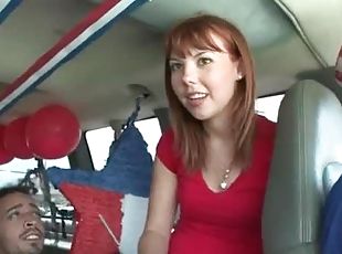 Hot redhead gets talked into fucking in the bus