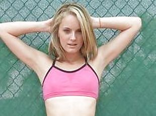 Skinny blonde Girl Sara Jaymes flash tits outdoors
