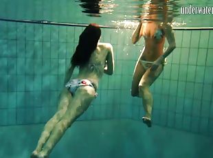 Two foxy hussies strip each other while diving in the pool