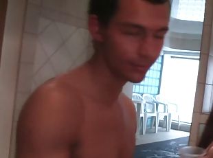 Company of teen students fucking in the bathhouse