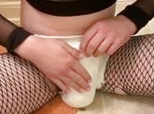 Fishnet Femboy Pisses Diaper and Plays With Himself