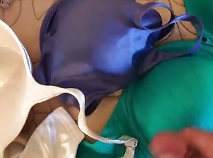 Stroking with dozen of wifes bras and some panties