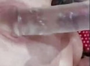 Sucking and using this huge dildo