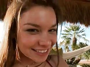 Teen latina shows off her huge tits before jerking a dude off