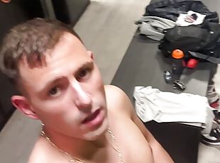 German boy jerks off naked in public locker room (gym)