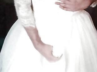 Wearing and cumming in bride&#039;s complete bridal outfit (wedding dress, shoes, bra, underskirt, stockings and straps)