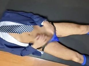 ??????????Masturbate in blue suit and nylon socks