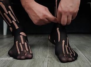 black, pieds, bas, résille, fétiche, magnifique, branlette-avec-les-pieds, domination