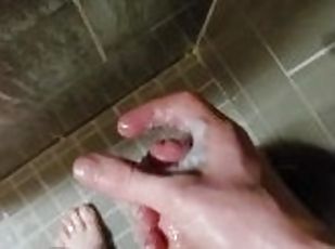 Stroking my cock and piss in the shower at work