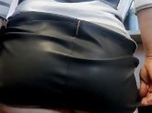 At work and need relieving stress. Ass, tits, and pussy shown in public. Sexy Milf in leather skirt.