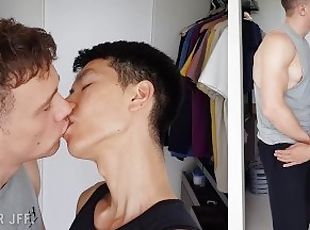asiático, interracial, gay, pareja, besando, europeo, euro, china, blanca, gay-joven
