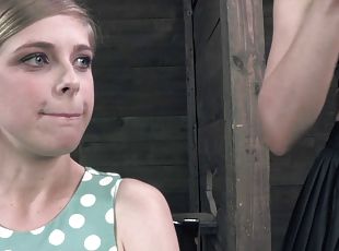 Cutie in a polka dot dress submits to painful bondage