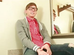 Nerdy twink in cute outfit strips solo