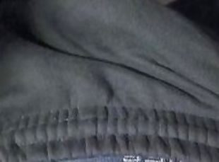 Stroking bulge sweat pants, showing pre cum and getting finished by the wife