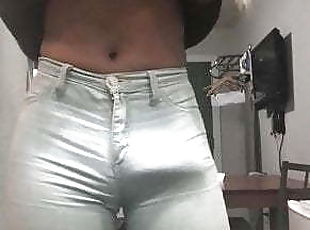 Tranny in Tight Jeans Shows off Her Big Bulge 
