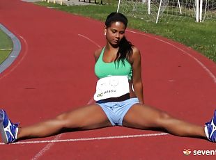 Running on the track makes teen pussy ooze with love juices