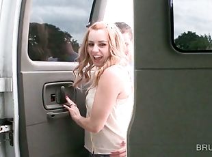 Blonde teenie gets cunt licked in the sex bus
