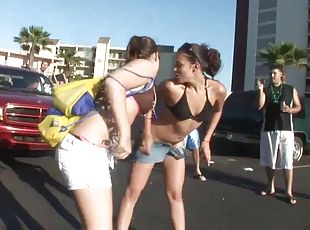 Sexy amateur babes in bikini in the outdoor street party