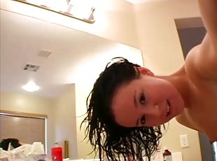 Naked Jamie Lynn shaves her legs in a bathroom in solo scene