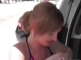 Beach teen girl rubs and blows horny shaft in the car