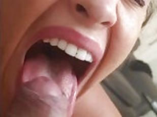 I put it in her mouth with her eyes closed and I cum inside, he swallows it and goes to bed