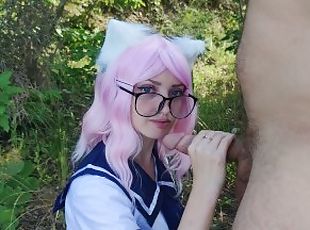 cute sexy schoolgirl in a skirt on a walk wanted to give a blowjob and get cum on face and glasses