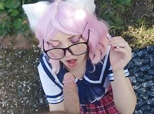 beautiful cute schoolgirl in a skirt and glasses walks and gives a passionate beautiful blowjob
