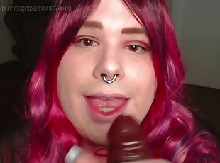 Sissy Mykella sucks, strokes and eats her own cum