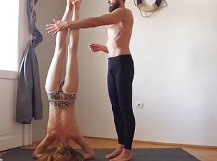 Workout yoga exercise together for the first time