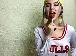 Eva Elfie sucking lollipop and cock - Horny 18yo blonde schoolgirl teases her classmate and gets covered in cum