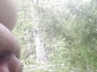 Fat man with beutiful uncut cock pisses clear nectar in nature while wife watches him