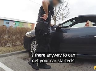 Small tits blonde babe gives head in police car & gets nailed