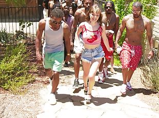 Outdoor interracial gangbang by the pool with brunette Aliya Brynn