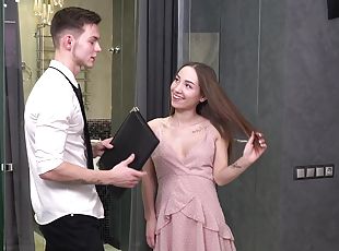 Slender hottie Kate Quinn teases and gets fucked by a sales man