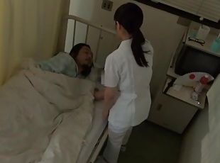 enfermera, maduro, japonés, pareja, cabalgando, uniforme, tetitas