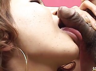 Nice tits Japanese girl Runa Sesaki gives head and gets cum in mouth