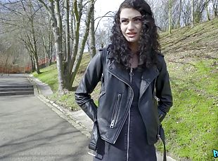 Amateur brunette Lydia Black takes money to have sex in outdoors
