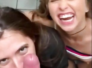 Two horny slut teens sucking big lucky cock in public bathroom