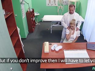 Naughty doctor gives a massage to his nurse and receives head