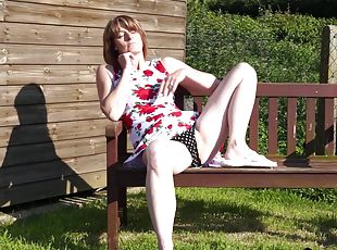 Mature blonde amateur MILF Di takes off her clothes outdoors