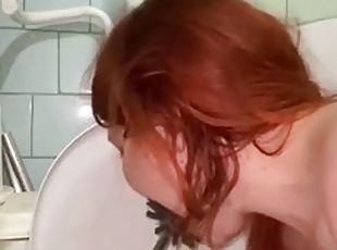 Licking a dirty toilet, toilet brush, saliva from the floor