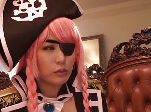 An Asian girl dressed as a pirate drains a guy's cock dry