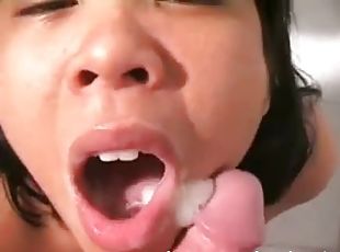 Asian big cock blowjob with cum on her face