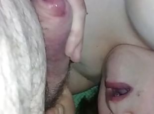 The fat girl sucks cock and takes piss