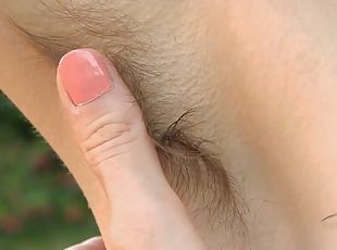 Fuckable hairy redhead babe fondles her wet cooze