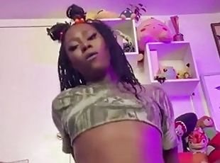 OF Ebony Vnll rides huge dildos and then gives a huge facial