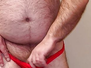 First time Anal Steve showing full bear body in red thong while he jacks off and eats some precum and ruined cum